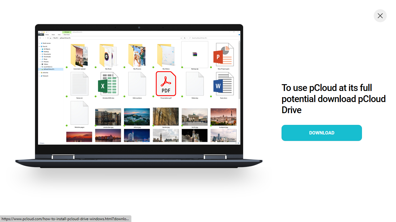 pCloud cloud storage service in action showing the website with the app displayed on a laptop and text encouraging downloads of the desktop app