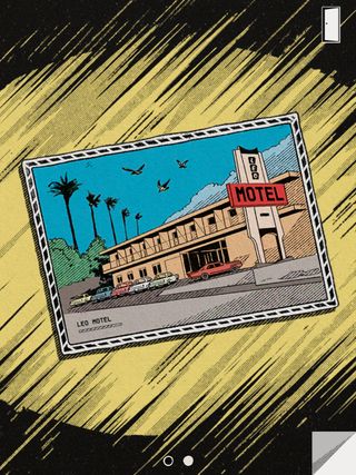 Your House indie game interview; a vintage-style comic book or graphic novel panel depicts a picture of a motel, likely from a travel postcard, framed within a dynamic, comic-book style panel