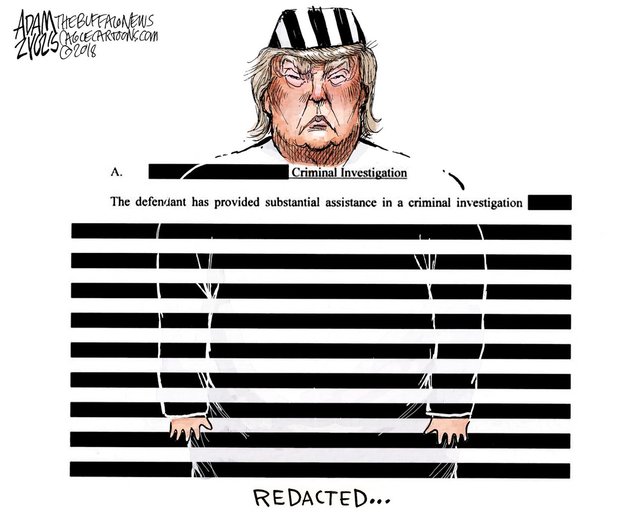 Political cartoon U.S. Trump prison Mueller investigation Russia collusion federal court filings redacted