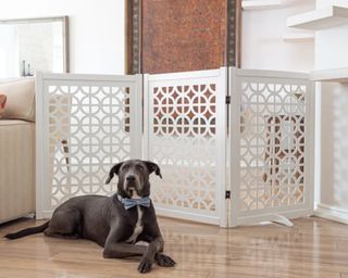 An ornate freestanding folding dog gate