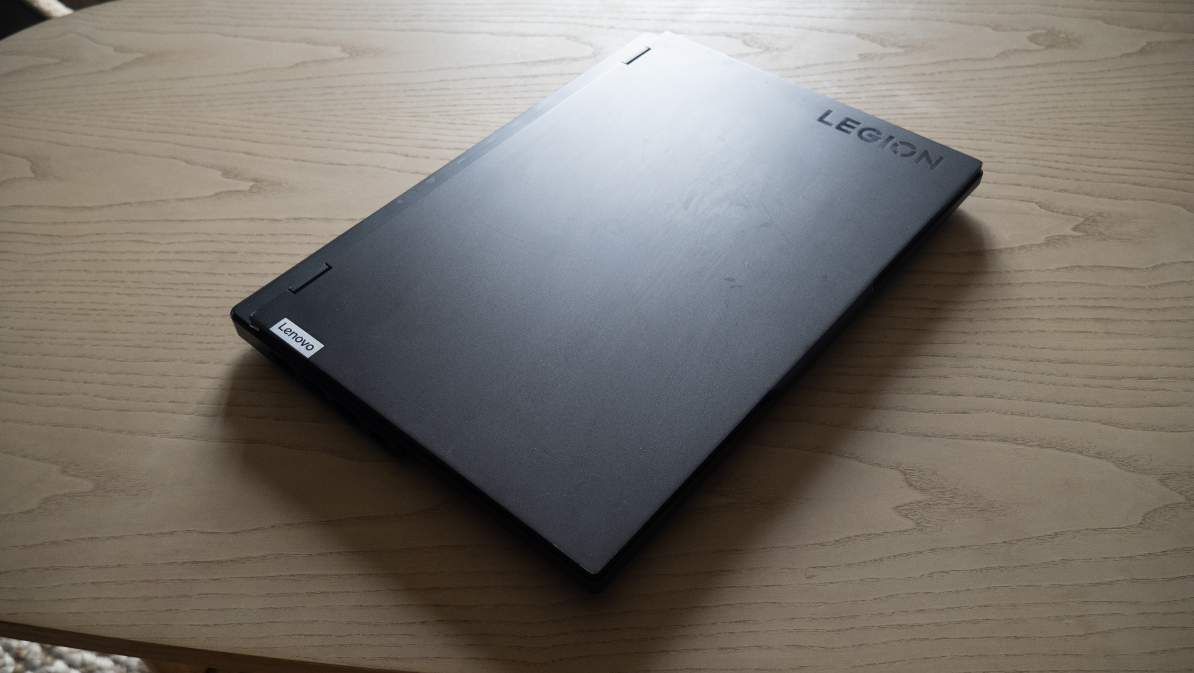 A closed laptop on a table
