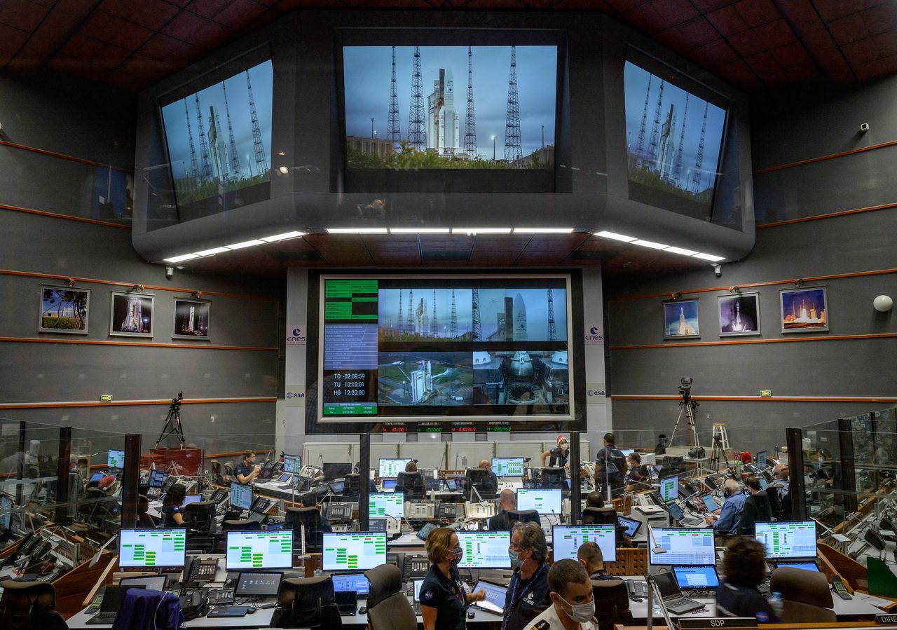 Launch teams monitor the countdown to the launch of Arianespace's Ariane 5 rocket carrying NASA&rsquo;s James Webb Space Telescope, Saturday, Dec. 25, 2021, in the Jupiter Center at the Guiana Space Center in Kourou, French Guiana.
