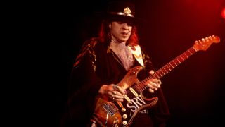 Stevie Ray Vaughan performing at the Concord Pavilion in Concord, CA on August 3, 1986. He plays a Fender Stratocaster guita