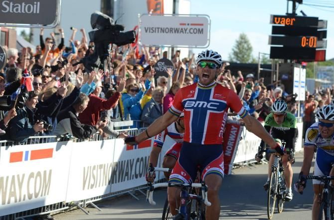 Thor Hushovd (BMC) celebrates victory in stage 2 at the Arctic Race of Norway