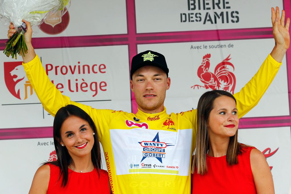 Loic Vliegen (Wanty-Gobert) on the Tour de Wallonie podium after winning the overall
