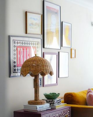 Rattan table lamp and wall art