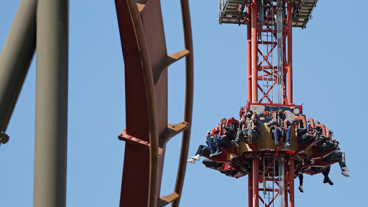 Members of the public ride Thorpe Park’s ‘Detonator: Bombs Away’ ride