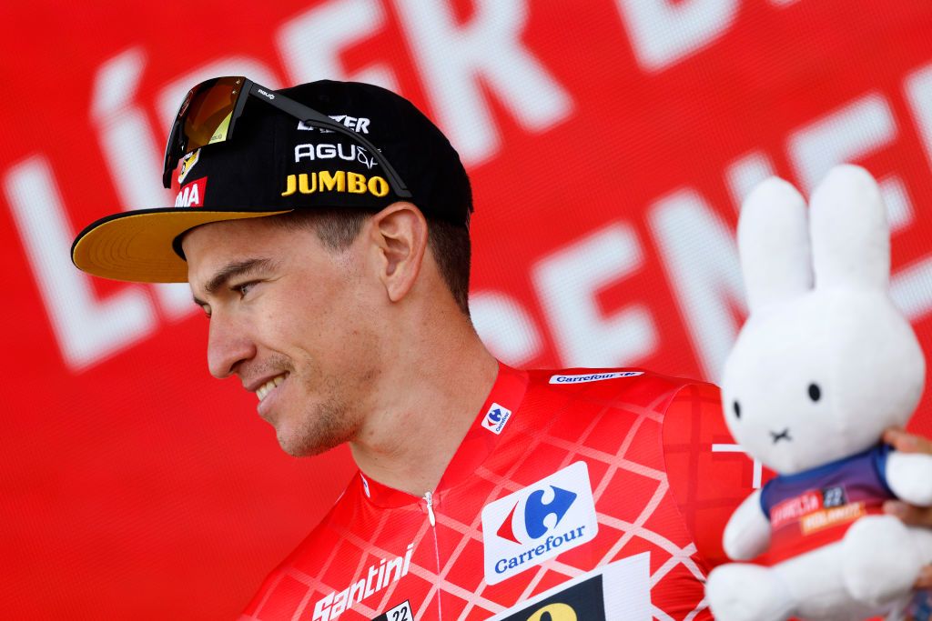 BREDA NETHERLANDS AUGUST 21 Edoardo Affini of Italy and Team Jumbo Visma celebrates winning the Red Leader Jersey on the podium ceremony after the 77th Tour of Spain 2022 Stage 3 a 1932km stage from Breda to Breda LaVuelta22 WorldTour on August 21 2022 in Breda Netherlands Photo by Bas CzerwinskiGetty Images