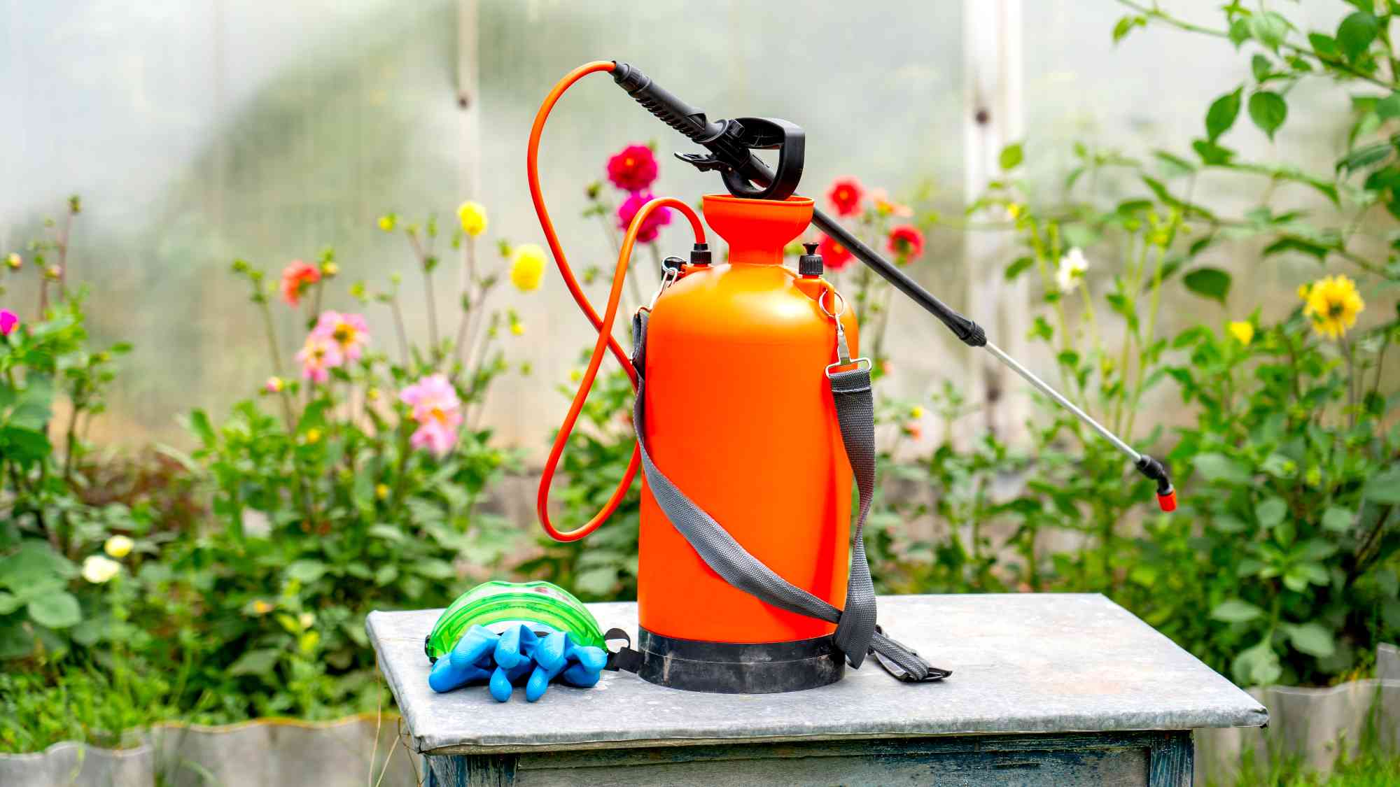 Herbicide in bright orange cannister with flowers in back