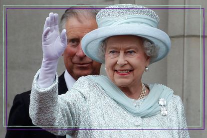 Queen Elizabeth II waves from the balcony of Buckingham Palace as Prince Charles, Prince of Wales looks on, during the finale of the Queen's Diamond Jubilee celebrations on June 5, 2012 in London, England