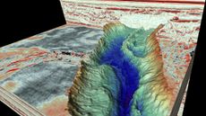 Scientists discovered this esker (a sedimentary cast of a meltwater channel formed beneath an ice sheet), in a tunnel valley beneath the North Sea floor. The landscape is shown in an image based on high-resolution 3D seismic data.