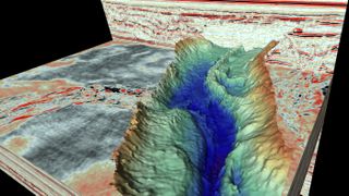 Scientists discovered this esker (a sedimentary cast of a meltwater channel formed beneath an ice sheet), in a tunnel valley beneath the North Sea floor. The landscape is shown in an image based on high-resolution 3D seismic data.