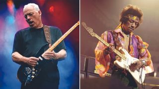 David Gilmour and American rock guitarist and singer Jimi Hendrix (1942-1970) performs live on stage playing a white Fender Stratocaster guitar with The Jimi Hendrix Experience at the Royal Albert Hall in London on 24th February 1969