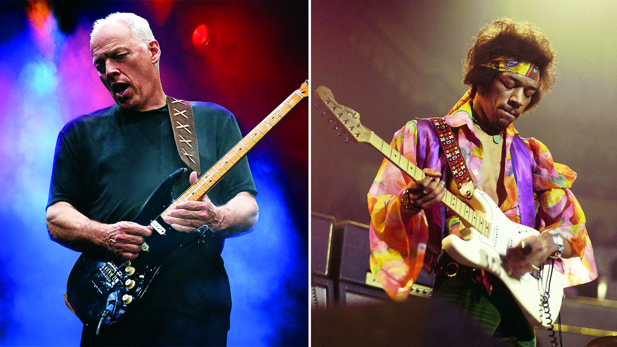 David Gilmour and American rock guitarist and singer Jimi Hendrix (1942-1970) performs live on stage playing a white Fender Stratocaster guitar with The Jimi Hendrix Experience at the Royal Albert Hall in London on 24th February 1969