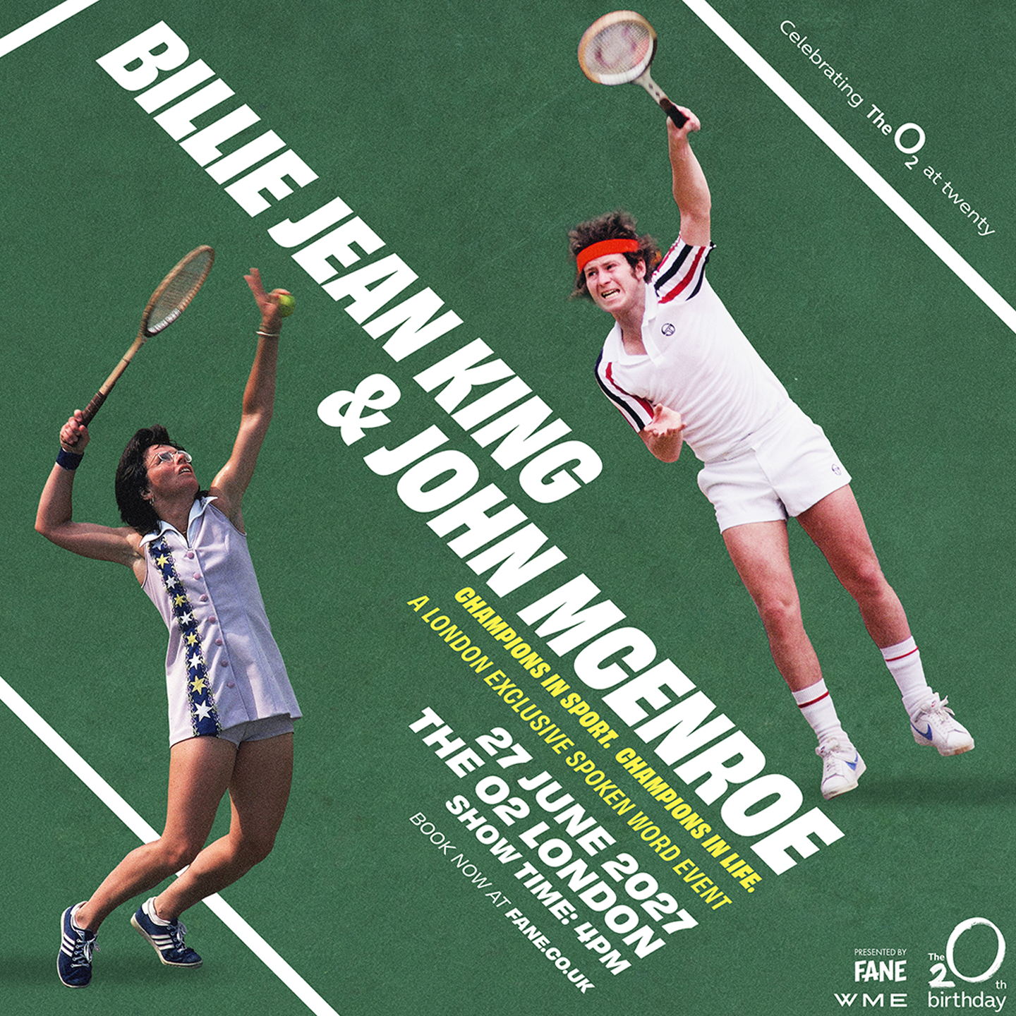 a promotional image for the O2 event with Billie Jean King and John McEnroe