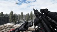 The player loads a magazine into a rifle while overlooking a snowy region in Road to Vostok. A helicopter is flying in the distance.