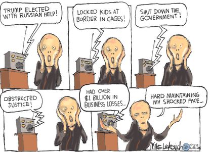 Political Cartoon U.S. The Scream shock face Trump Russia billion dollar losses government shut down