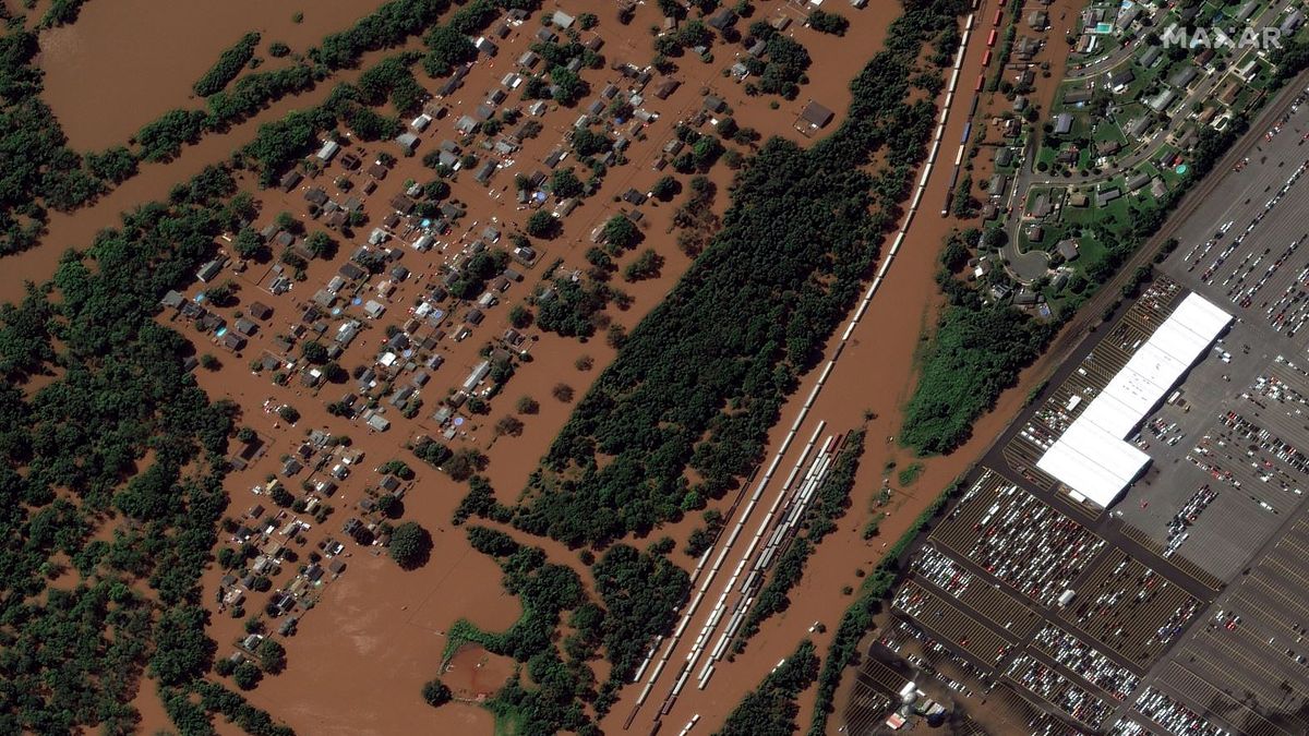 A GeoEye-1 satellite image shows flooding in Manville, New Jersey, on Sept. 2, 2021.