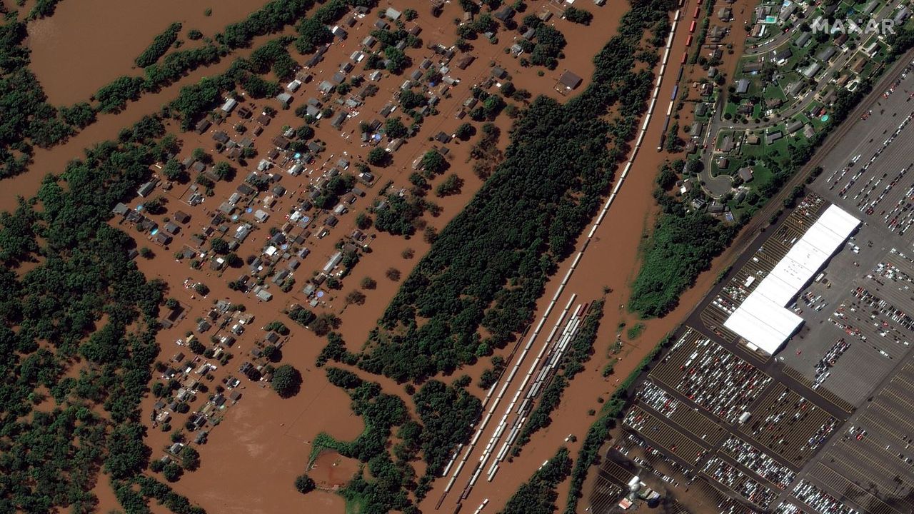 A GeoEye-1 satellite image shows flooding in Manville, New Jersey, on Sept. 2, 2021.