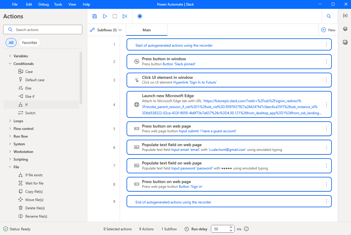 Screenshot of Microsoft Power Automate desktop app showing a list of automated actions for web form entry, including clicking buttons, launching Edge, and populating text fields.