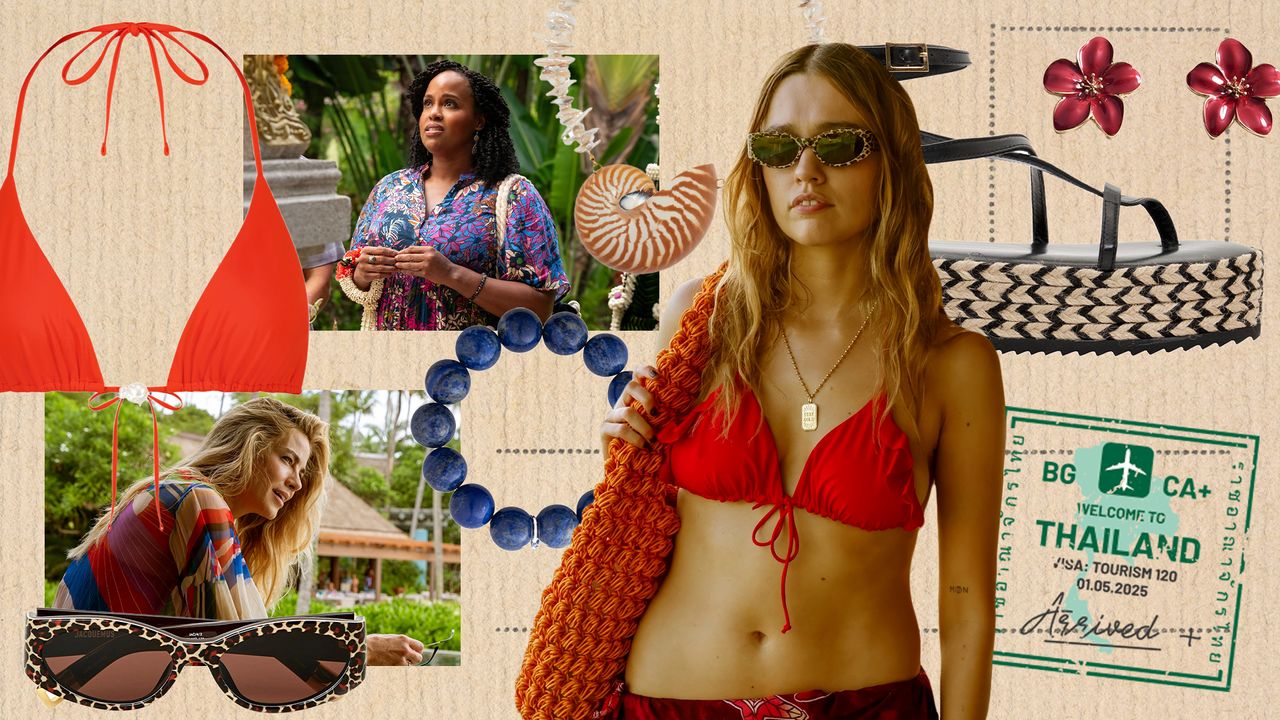 A collage of images from White Lotus mixed with tropical-inspired clothing and accessory items.