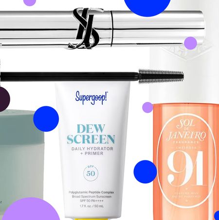 product collage of Yves Saint Laurent Lash Latex Sculpting & Lengthening Mascara, Supergoop Dewscreen Hydrating Primer Spf 50, ROZ Salt Scalp Scrub, Rare BeautyFind Comfort Lip Butter Balm + Overnight Mask, Sol de Janeiro Cheirosa 91 Perfume Mist overlaid on white background with blue and purple polka dots 