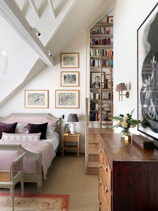 Traditional bedroom with long bookshelf and ladder