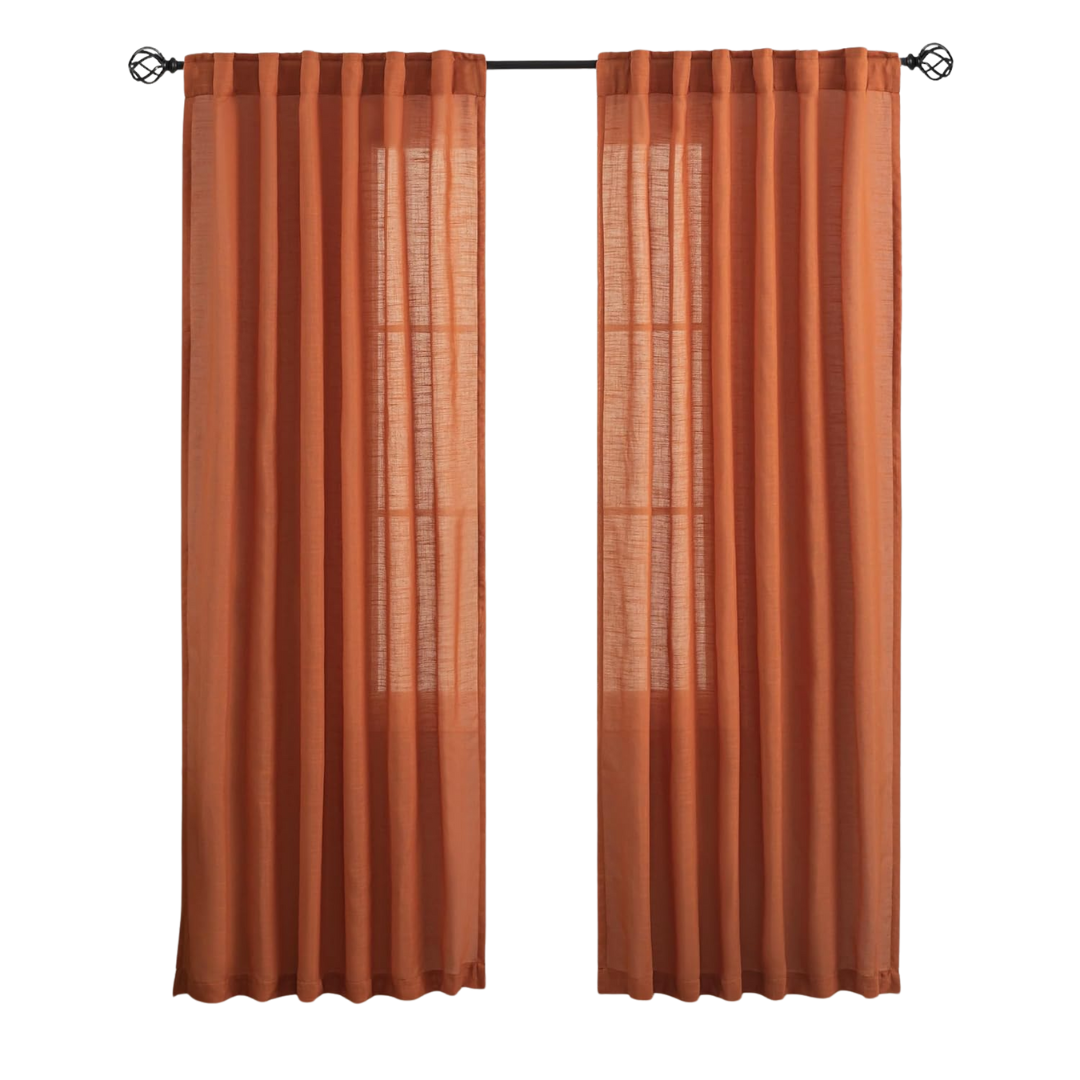 Autumn Burnt Orange Linen Back Tab Curtains 90 Inches Long 2 Panels for Dining Cottage- Soft Light Weight Airy Semi Privacy Sheer Curtains Hooks Pocket Light Filtering Curtains 52&quot; Width X 90&quot; Length
