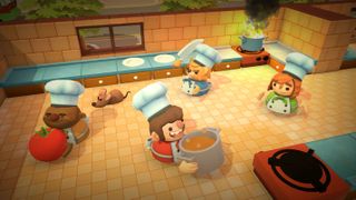 Local multiplayer games — four chefs in the midst of Overcooked kitchen mayhem