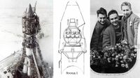 On Oct. 12, 1964, the Soviet Union launched the first multiperson mission, Voskhod 1, which launched three Russian cosmonauts into space. The crew included Vladimir Komarov (commander), Konstantin Feoktistov (engineer) and Boris Yegorov (doctor), shown at right. 