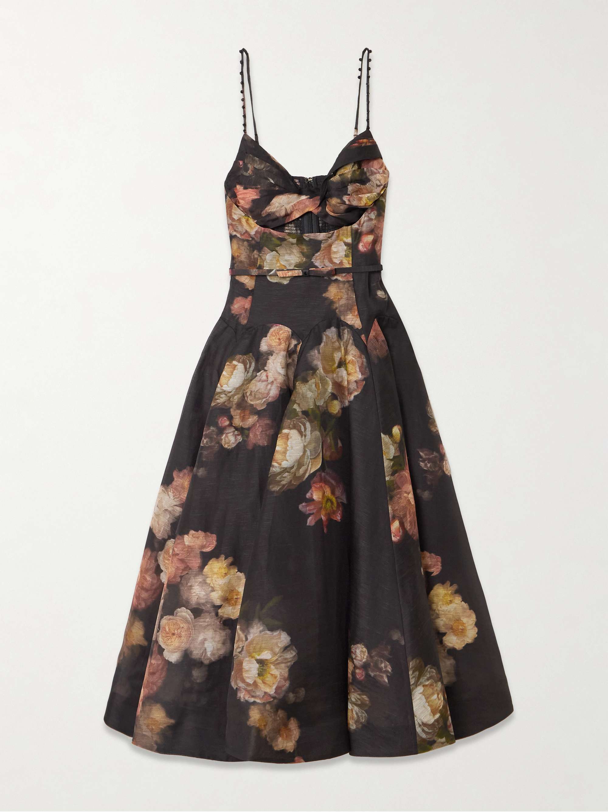 Hypnotic Embellished Belted Cutout Linen and Silk-Blend Midi Dress
