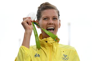 Silver medalist Emma Johansson of Sweden celebrates after the Women's Road Race on Day 2 of the Rio 2016 Olympic Games