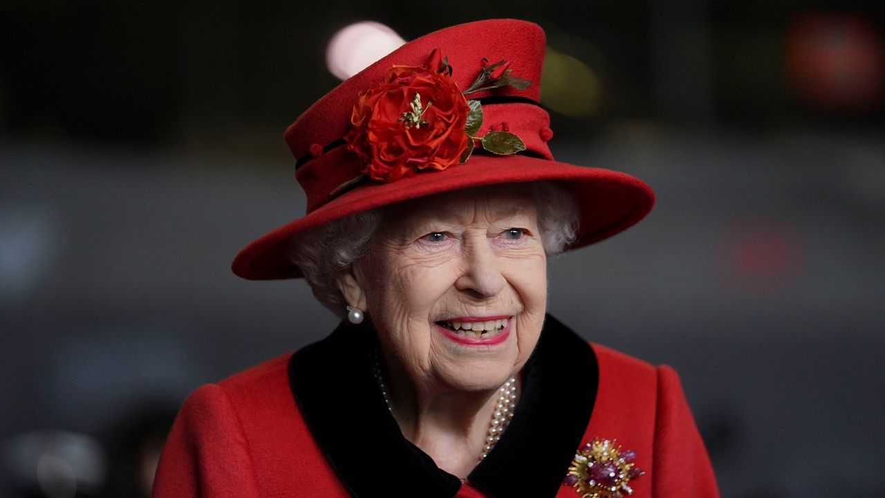 Queen Elizabeth II during a visit to HMS Queen Elizabeth at HM Naval Base ahead of the ship&#039;s maiden deployment on May 22, 2021 in Portsmouth, England