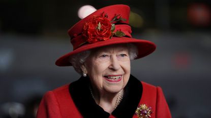 Queen Elizabeth II during a visit to HMS Queen Elizabeth at HM Naval Base ahead of the ship's maiden deployment on May 22, 2021 in Portsmouth, England