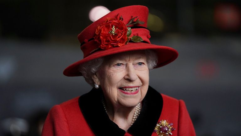 Queen Elizabeth II during a visit to HMS Queen Elizabeth at HM Naval Base ahead of the ship's maiden deployment on May 22, 2021 in Portsmouth, England