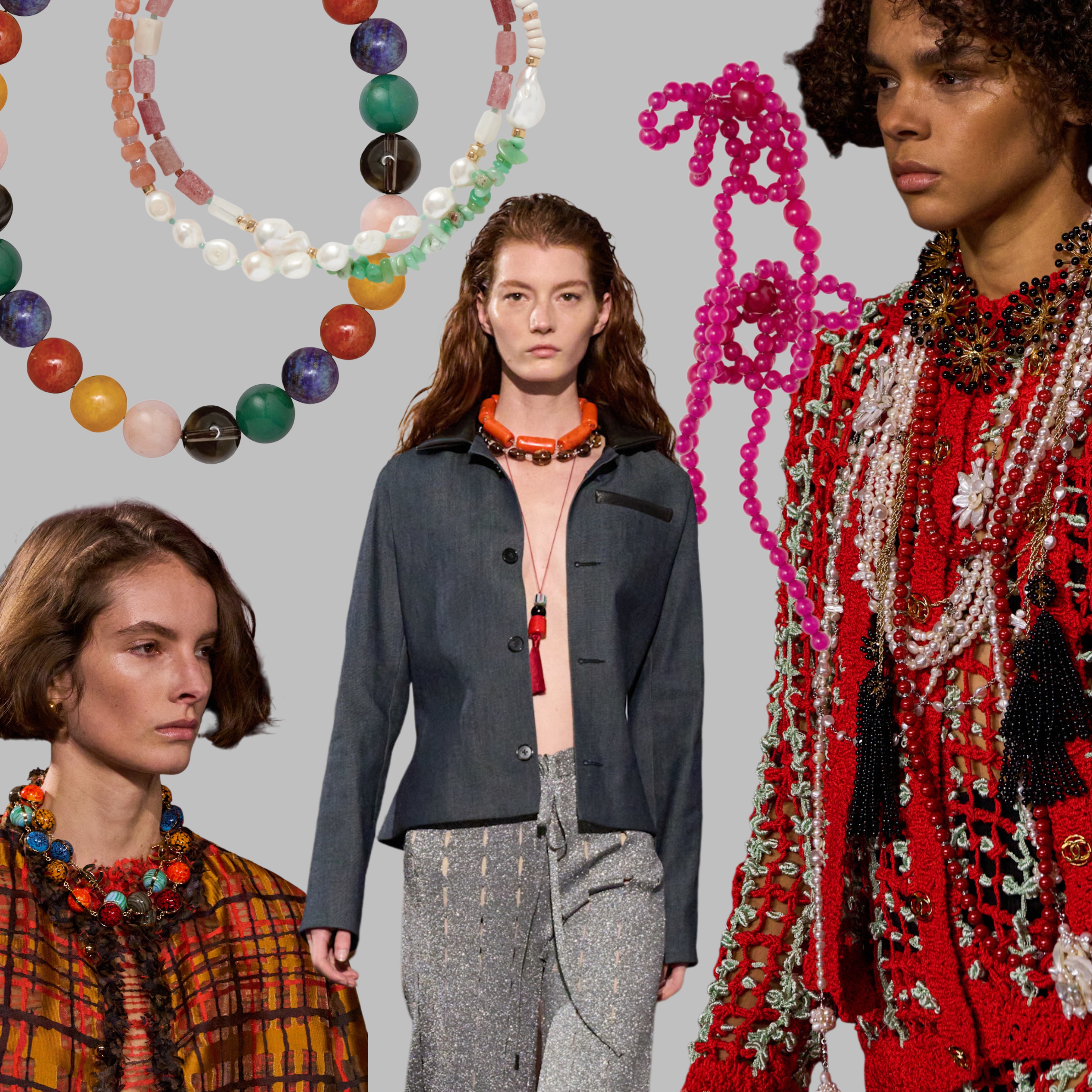 collage of beaded jewelry on the spring 2026 runways 