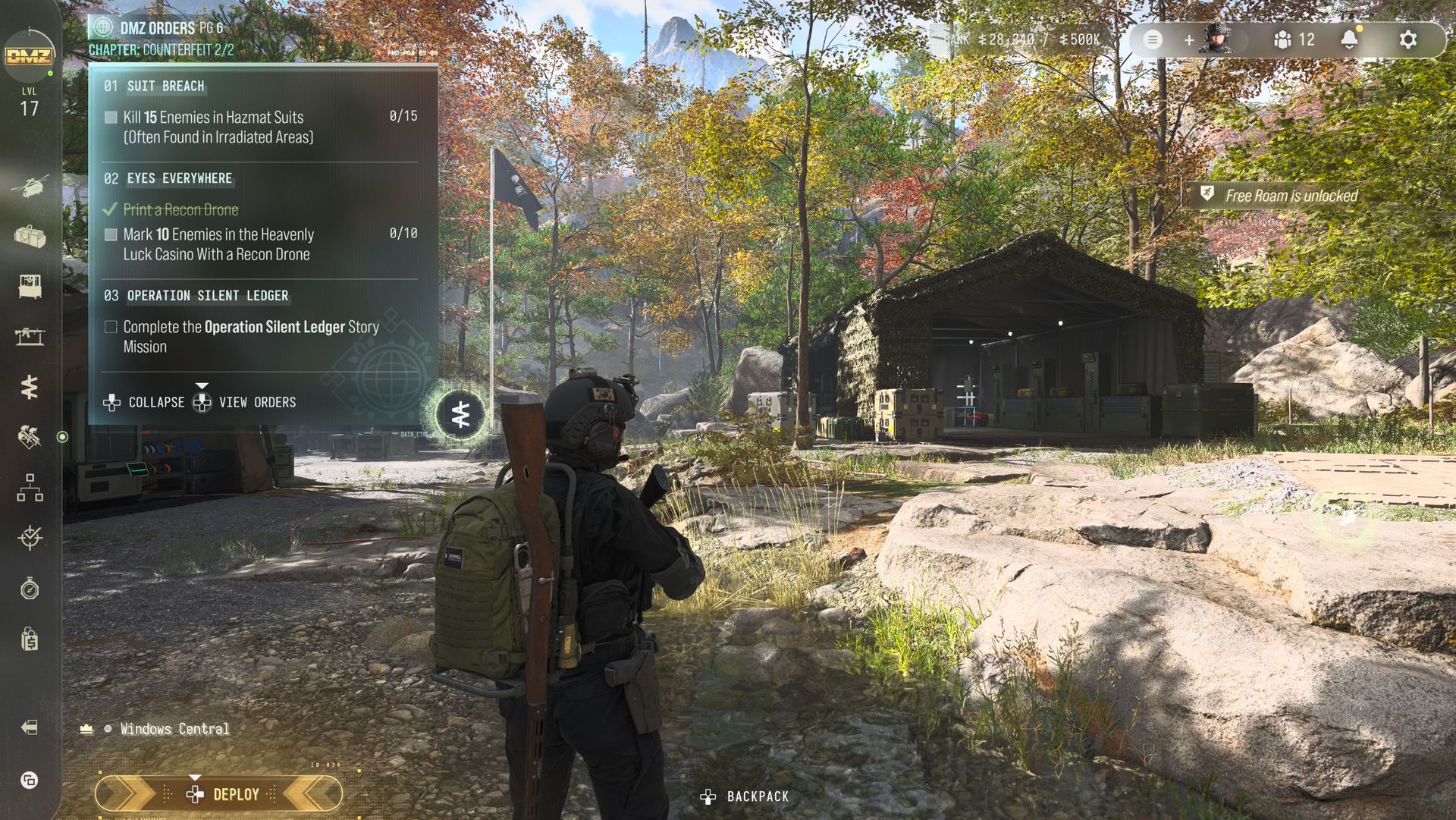 A player in the Forward Operating Base with mission directives in MW4 DMZ.