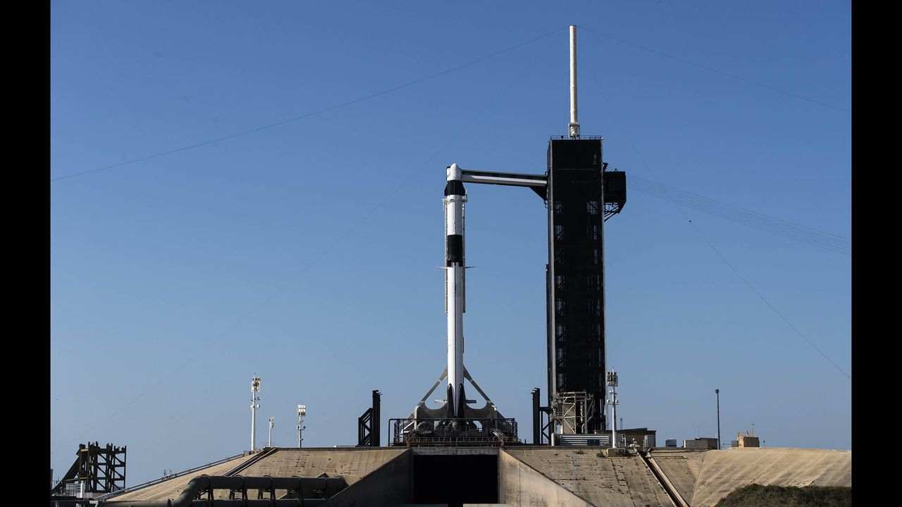 SpaceX's Falcon 9 rocket, topped with the Crew Dragon spacecraft, stands poised for launch at historic Launch Complex 39A at NASA's Kennedy Space Center in Florida, on May 21, 2020.