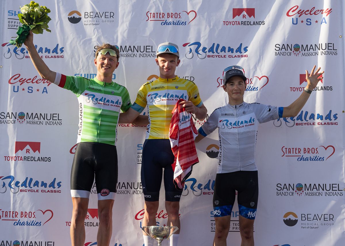 Men's final GC podium at 2023 Redlands Bicycle Classic (L to R): Sprint classification winner Alex Murison (Red Truck Racing), GC and mountains classification winner Tyler Stites (Project Echelon) and best amateur AJ August (Hot Tubes Cycling)