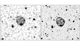 The original discovery of ORC1 (left) from ASKAP data, and a follow-up observation of ORC1 with the MeerKAT radio telescope.