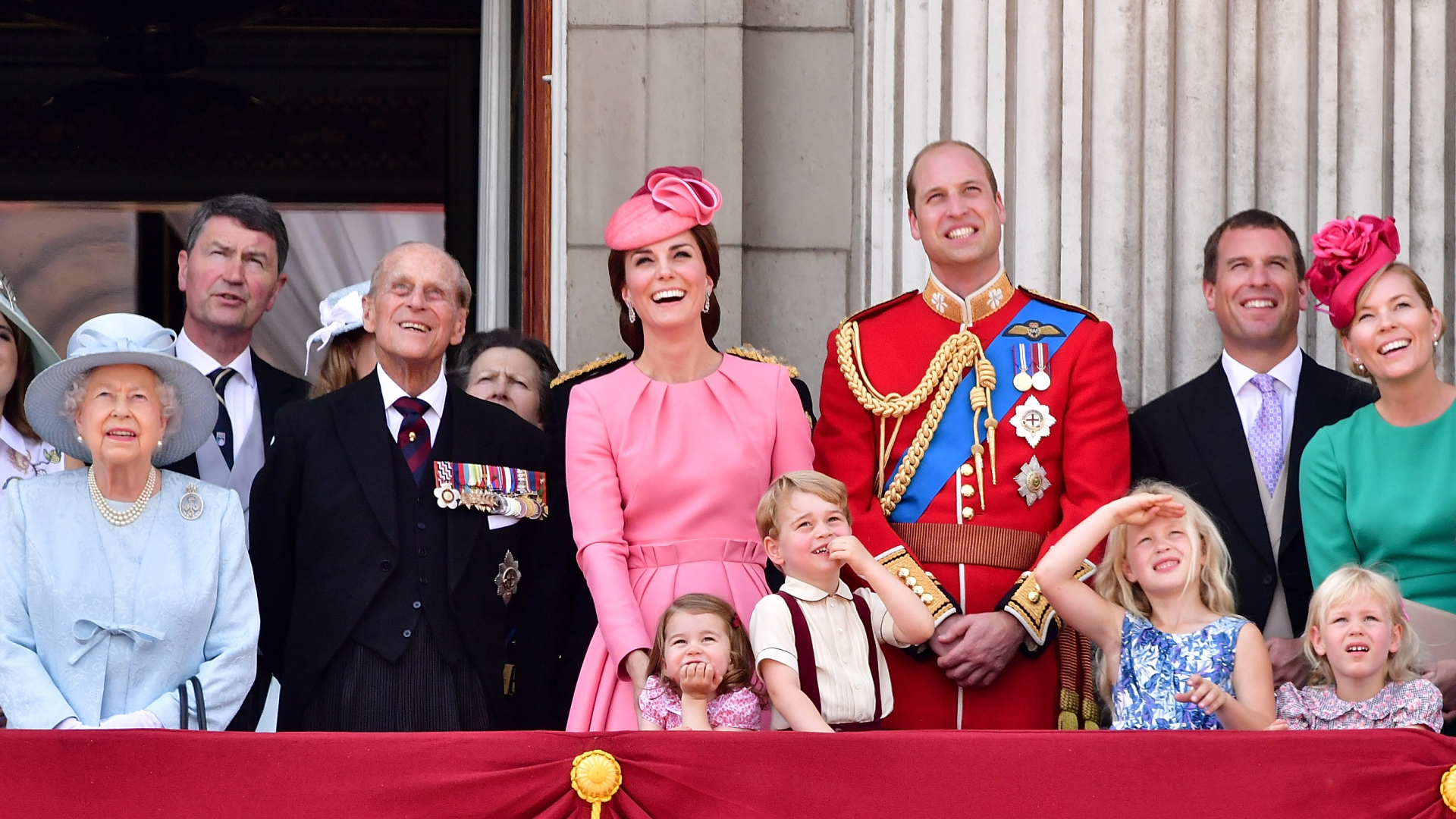 Prince Philip, Princess Kate, Princess Charlotte, Prince George, Peter Philipps, Savannah Philipps and Prince William on the balcony at Trooping the Colour 2017