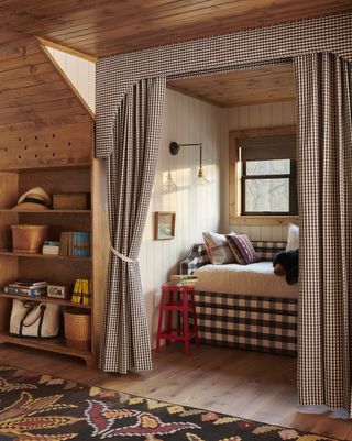 reading nook with modern pelmet idea and timber ceiling and walls