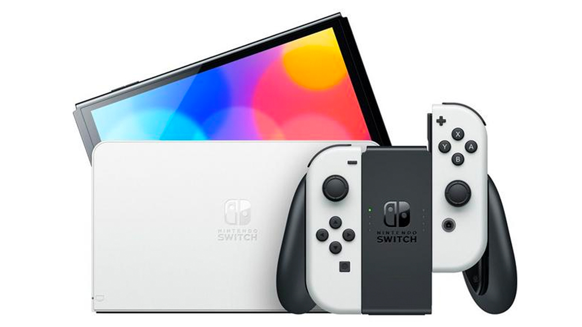 Best games console; a Nintendo Switch OLED on a white background