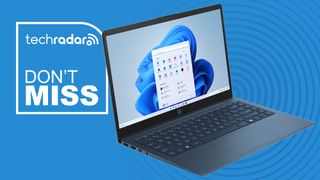 The Walmart-exclusive HP 14-inch laptop on a blue background next to a white TechRadar badge in the upper left that reads 'Don't Miss'