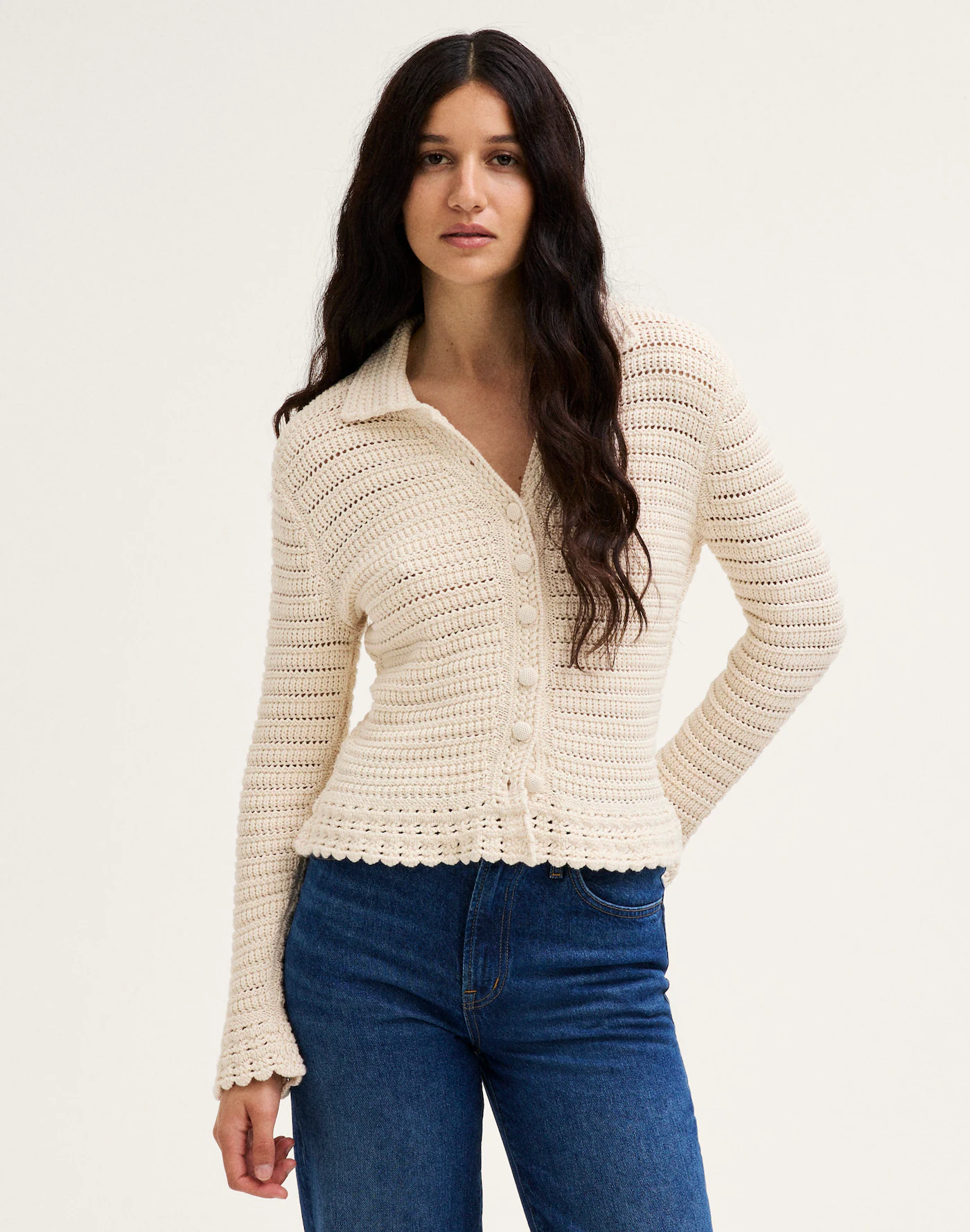 Pointelle-Knit Peplum Cardigan