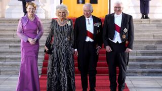 President of Germany Frank-Walter Steinmeier and First Lady Elke Büdenbender welcome King Charles III and Camilla, Queen Consort to Belleuvue Palace ahead of a State Banquet on March 29, 2023 in Berlin, Germany. The King and The Queen Consort's first state visit to Germany will take place in Berlin, Brandenburg and Hamburg from Wednesday 29th March to Friday 31st March 2023. The King and Queen Consort's state visit to France, which was scheduled March 26th - 29th, has been postponed amid mass strikes and protests.