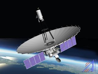 An artist's depiction of Russia's huge Spektr-R radio astronomy satellite in Earth orbit. The satellite launched on July 18, 2011.