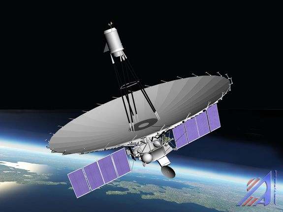 An artist&#039;s depiction of Russia&#039;s huge Spektr-R radio astronomy satellite in Earth orbit. The satellite launched on July 18, 2011.