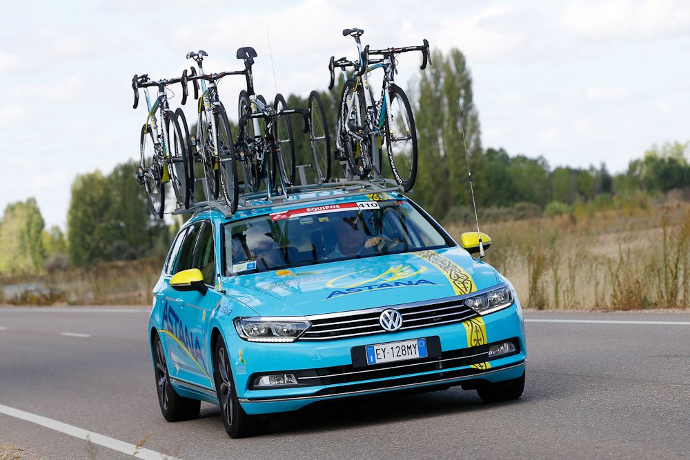 Astana team car durng stage 18 of the 2015 Vuelta a Espana.