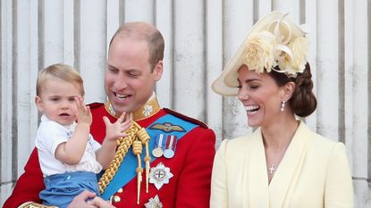 LONDON, ENGLAND - JUNE 08: Prince William, Duke of Cambridge, Catherine, Duchess of Cambridge, Prince Louis of Cambridge, Prince George of Cambridge and Princess Charlotte of Cambridge during Trooping The Colour, the Queen's annual birthday parade, on June 8, 2019 in London, England. (Photo by Chris Jackson/Getty Images)